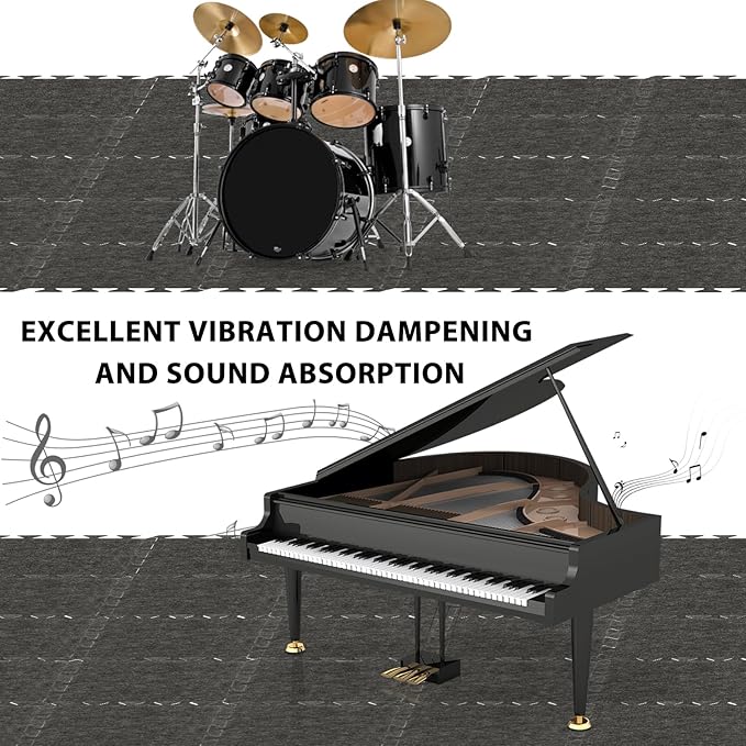 16 Pcs Sound Absorbing Interlocking Floor Mats, 11.8 x 11.8 x 0.4 inches High Density Piano Carpet Drum Rug, Non-Slip Anti Vibration Soundproof Pads Acoustic Blankets for Music Studio