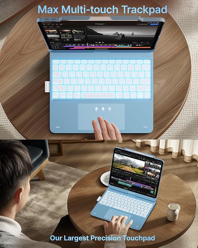 typecase Touch Case with Keyboard for iPad Pro 13"(M5/M4, 2025/2024), iPad Air 13"(M4/M3/M2, 2026/2025/2024) & iPad Pro 12.9", Trackpad, 360° Rotatable, 11-Colors Backlit, Pale Blue