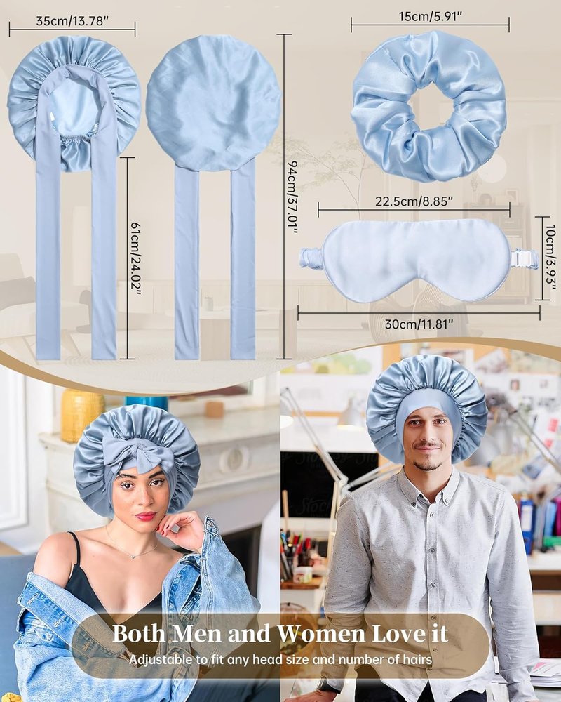 Silk Hair Bonnet for Sleeping - 100% Mulberry Silk with Elastic Tie Band & Scrunchies | Mist Blue & Sky Blue