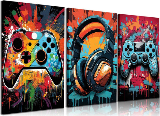 Skiennix Retro Video Game Wall Art - 3Pcs Colorful Neon Gamepad Canvas Prints | 16x24in Ready to Hang