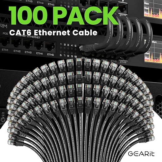 GEARit Cat 6 Patch Cables 3 ft Black (100 Pack) - Cat6 Patch Cables 3ft Black/Ethernet Patch Cable, 10Gbps 550MHz 24AWG Pure Copper, Snagless, Gold Plated RJ45 for Router, Server, Router, PC