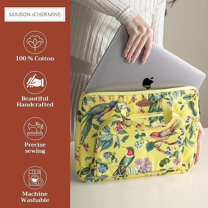 Maison d'Hermine Laptop Bag with Pocket Upto 15.5 inch Stain and Water Repellent Cotton Canvas Spring Summer (Eden - Yellow)