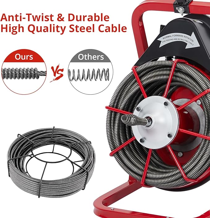 Garvee K-300K 3/8 in 75 ft Red & Black Electric Drain Cleaner Machine - Automatic Auger for 1 to 4 in Pipes, Portable Design, 4 Cutters, Foot Switch Control, and Includes Gloves.