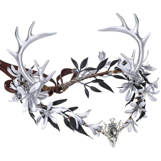 MOSTORY Light up Fairy Crown - Silver Antler Crown Flower Heapiece Elf Floral Circlet Woodland Headband for Women Halloween Outfit Renaissance Ren Faire Cosplay Photo Shoot