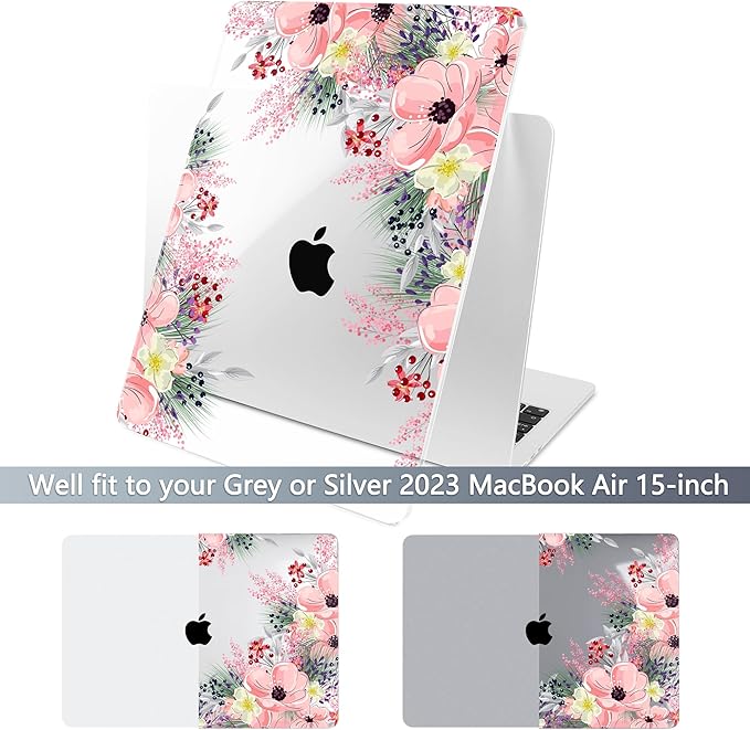 Batianda Premium Case for New MacBook Air 15 inch M5 2026 M4 2025 M3 2024 M2 2022 Model, Ultra Slim 1.2mm Glossy Protective Plastic Hardshell & Keyboard Cover & Screen Protector, Beautiful Floral