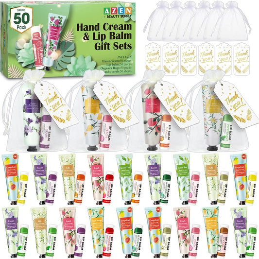 AZEN 50 Sets Bulk Gifts, Hand Cream and Lip Balm Bulk Set with Organza Bag Thank You Card, Baby Shower Wedding Gift for Guests, Bridal Wedding Favors for Guests, Mothers Day Gifts Stocking Stuffers