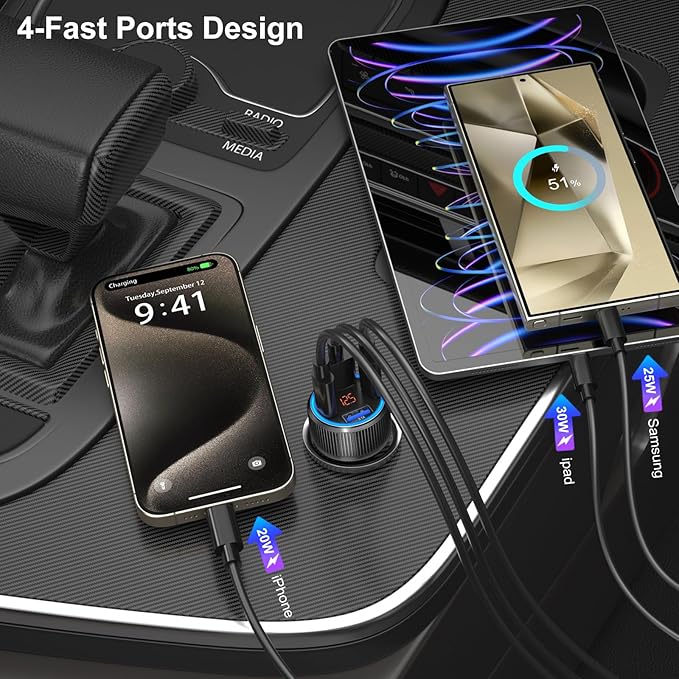 USB C Car Charger, 3 Pack 65W Dual 12V Car Power Adapter with Voltmeter QC+PD 3.0 Multi Port Fast Charging Cigarette Lighter USB Charger for iPhone 17 16 15 14 13 12 Pad Pro Max, Android(Black Gray)
