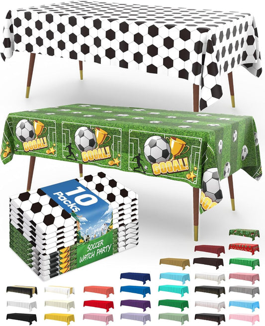 Pureegg Soccer Tablecloths - Disposable Plastic Covers for Soccer Birthday Parties | 54 x 108 Inch, 10 Pack, Green & White