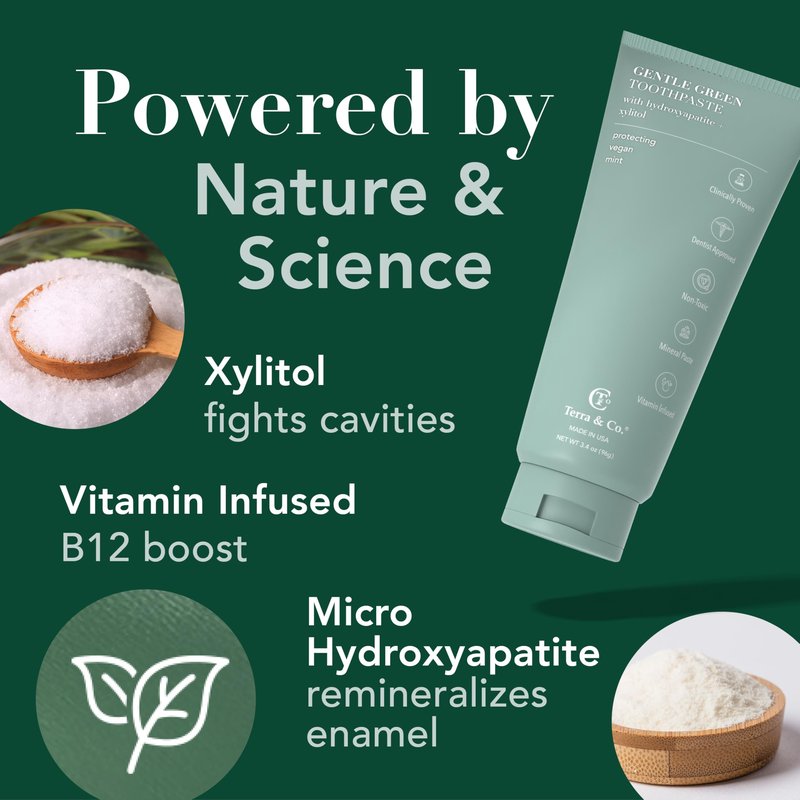 Terra & Co. Toothpaste Combo - Brilliant Black & Gentle Green Formulas for Sensitive Teeth - US-Made - Natural, Vegan, Remineralizing Micro-Hydroxyapatite - Fluoride-Free & SLS-Free - Mint, 3.4 Oz