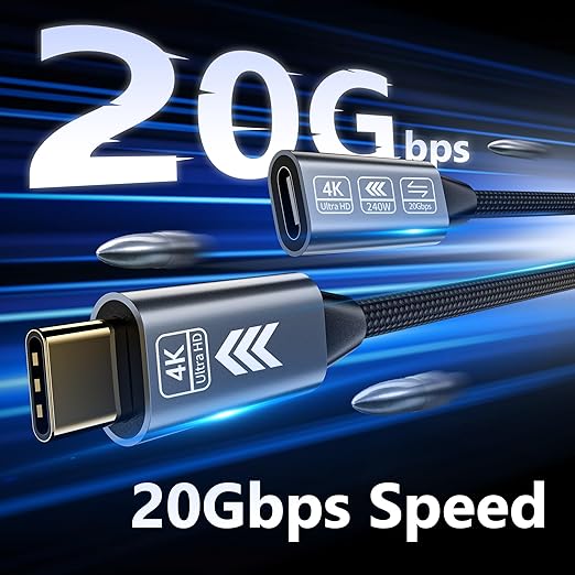 HOTUTUKI USB C Extension Cable 6.6FT, 20Gbps/240W USB3.2 Type C Extender Cord, 4K@60Hz Video Output Nylon Braided USB C Male to Female Extension Charging Cable Compatibility with Thunderbolt 4/3