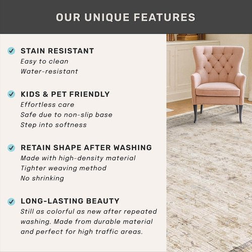 Hazo Haus Ivory 5x8 Area Rug for Bedroom, Home Office, Washable Non Slip Dinning Rugs for Under Table, Soft Low Pile Neutral Farmhouse Boho Living Room Décor