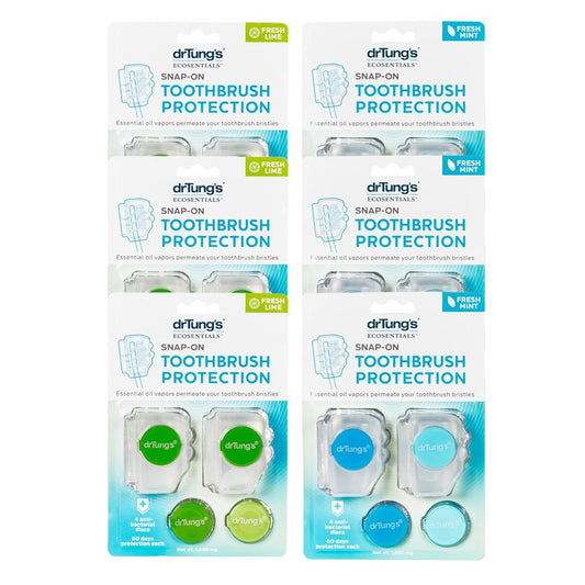 Dr. Tung's Snap-On Toothbrush Cover Caps 2 Count - Toothbrush Head Cover, Travel Case, 60 Days Protection Each, Comes with 4 Deodorizing Discs - (Pack of 6), Assorted Colors