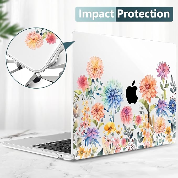 TWOLSKOO for MacBook Air 15 inch Case 2026 2025 2024 2023 Release M5 A3448 M4 A3241 M3 A3114 M2 A2941, Plastic Hard Shell & Screen Protector & Keyboard Cover & Trackpad Film, Beautiful Flowers