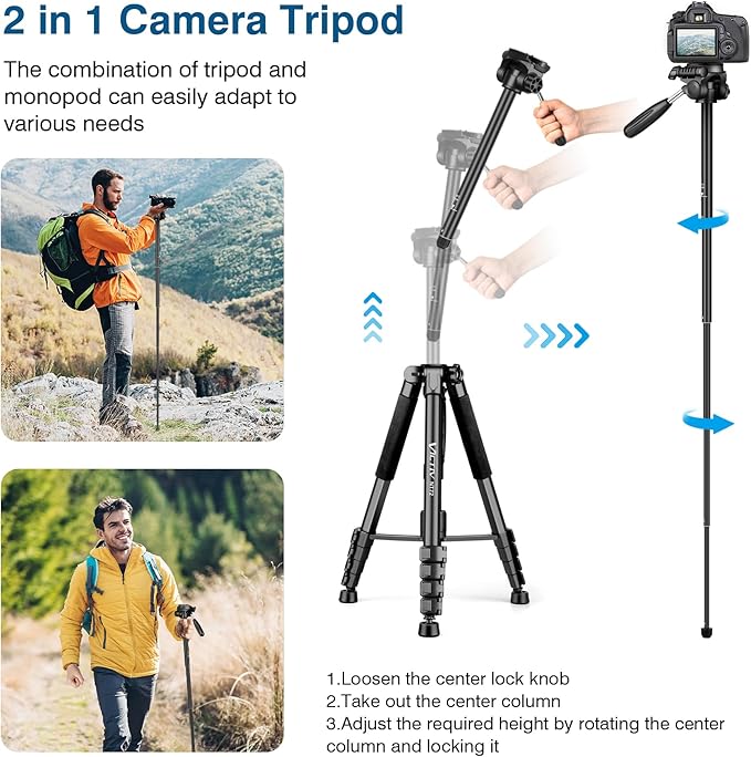 Tripod for Camera and Phone, 72" Tall Camera Tripod Monopod with Remote, Professional Heavy Duty Compact Camera Stand for iPhone, DSLR, Spotting Scope, Telescope, Binocular