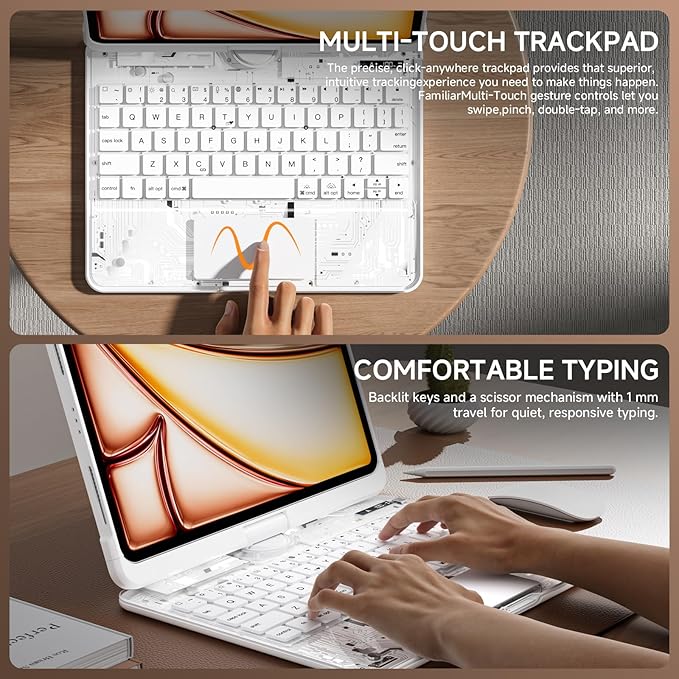 Tiaota Transparent Case with Keyboard for iPad Pro 13 inch (M5/M4, 2025/2024), iPad Pro 13,7-Color Backlit,Magic wireless Keyboard, 360°Rotating,Multi-Touch trackpad,Pencil Holder,with shortcuts,white