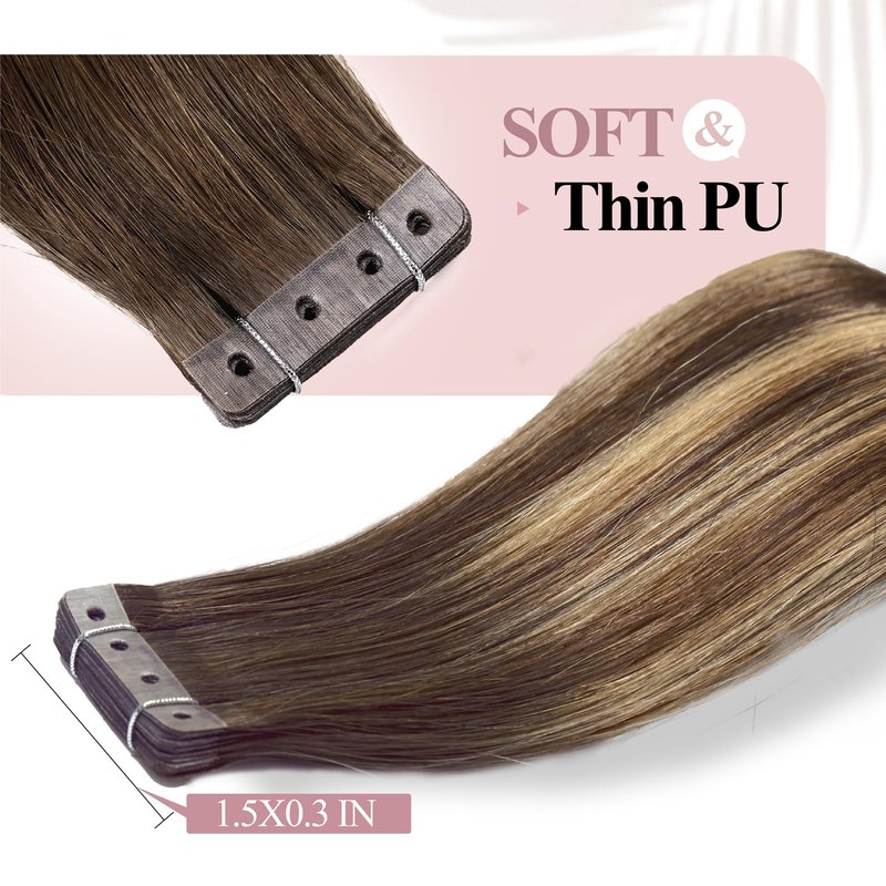 WIGER No Glue No Clips Highlighted Brown Straight Human Hair Extensions Ombre Brown Mixed Blonde Micro Bead Extensions Insert Skin Weft 18 In Balayage Remy Hair Extensions(40g, 20 Pcs)