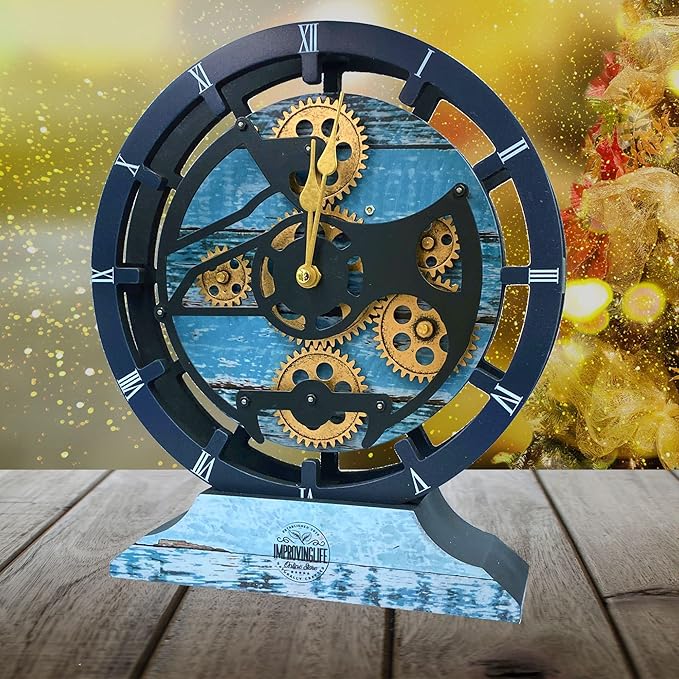 ImprovingLife The Gears Clock Desk Clock 10 inches with Real Moving Gears Convertible into Wall Clock (Ocean Blue)
