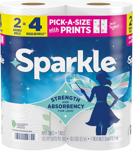 Sparkle Paper Towels - Pick-A-Size, Strong 2-Ply, Spirited Prints | 2 Double Rolls for Kitchen Cleanup