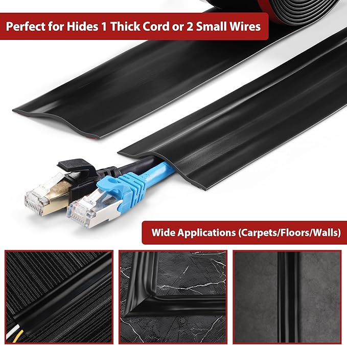 16.4ft Cord Cover Floor, Soft PVC Cord Covers for Wires on Floor, Self-Adhesive Floor Cable Cover Cord Hider, Floor Cable Management Cable Protector for Commercial Office Carpet/Floors/Wall Off White
