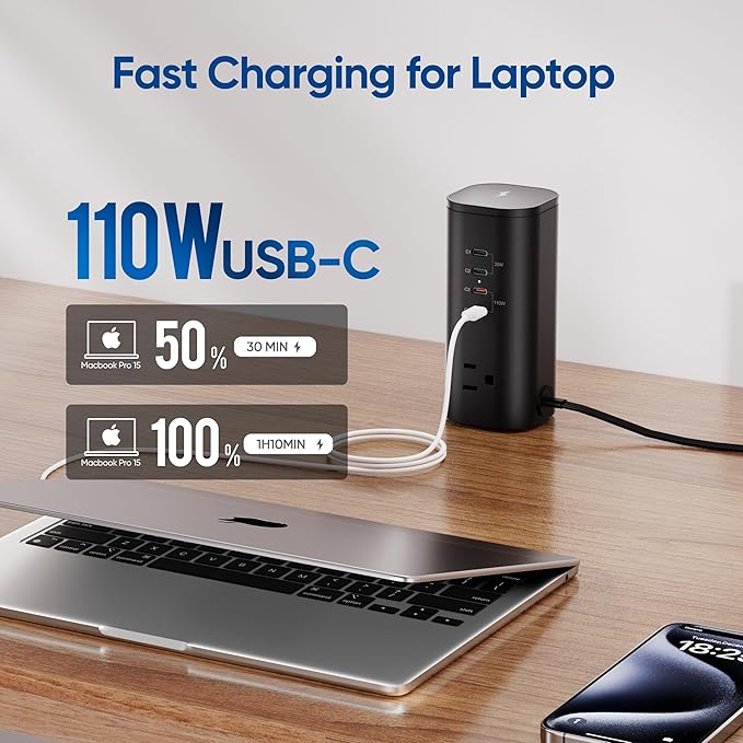 160W Fast Charging Station, TenTrend Power Strip Tower Surge Protector with 3 AC Outlets & 8 USB Ports (4 USB-C), 5 FT Flat Plug Extension Cord with Multiple Outlets for Home Office