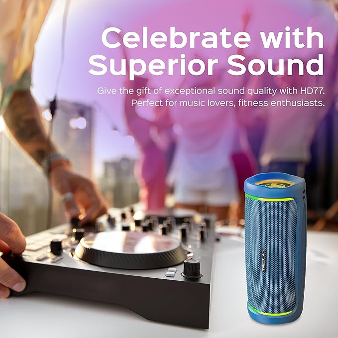 TREBLAB HD77 – Waterproof Bluetooth Speaker, 30W Loud 360° Sound, Deep Bass, IPX7, TWS Pairing, RGB Lights, 20H Battery, Portable Wireless Speaker for Outdoor, Beach, Camping, Party, Travel
