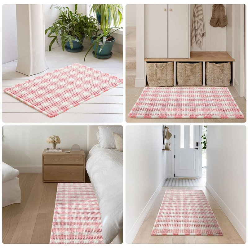 TYUU Waffle Bath Mat, Boho Bathroom Rugs Non Slip Washable Absorbent Checkered Bathroom Mat Quick Dry Cute Bath Mat, 30"x20" Pink and White