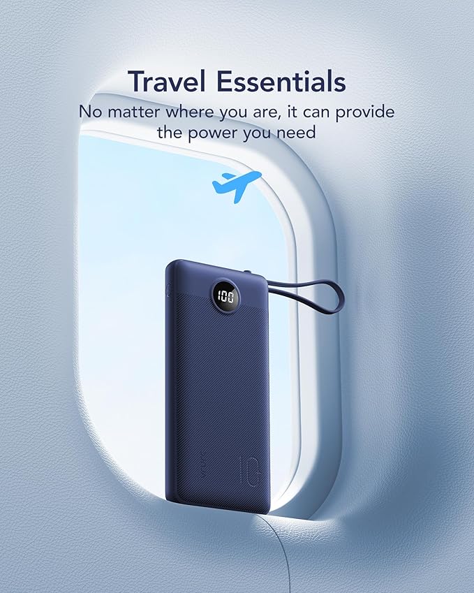VRURC Portable Charger, Built in 4 Cables & Lanyard Power Bank 10000mAh, Compact USB C Phone Charging Bank 5 Outputs for Multi Devices,Travel Essential for Hiking Camping Business-Navy(1 Pack)