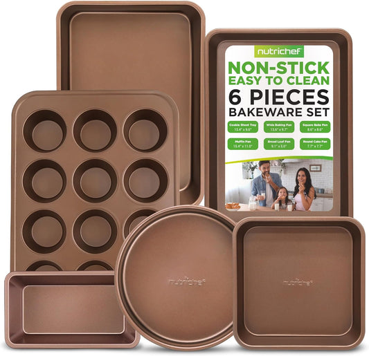 NutriChef 6-Piece Nonstick Bakeware Set - Carbon Steel Baking Pans with Cookie Sheets & Muffin Pan - Gold