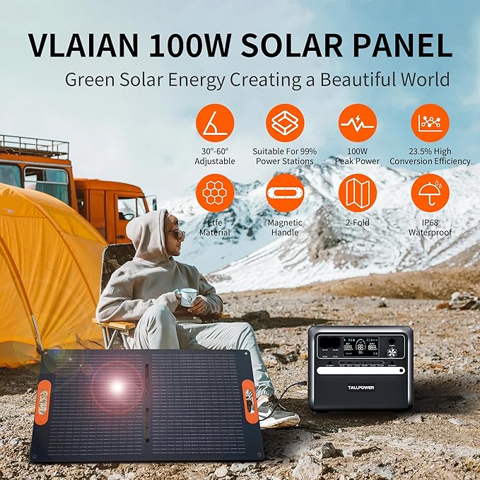 VLAIAN 100W Portable Solar Panel for Power Station Generator,100 Watt Foldable Solar Panel Charger with MC4 Output,3-in-1 DC Connector,23.5% High Efficiency for Outdoor Camping RV Travel(100W)