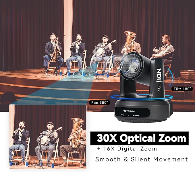 TONGVEO NDI AI Auto-Tracking IP PTZ Camera SDI/HDMI/USB3.0/LAN PoE 30X Optical + 8X Digital Zoom 1080P 60fps for Live Streaming Church Services Education Video Conference with OBS vMix and More