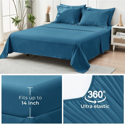 HYMOKEGE Teal California King Comforter Set Seersucker 7 Pieces, All Season Luxury Bed in a Bag for Bedroom, Bedding Set with Comforters, Sheets, Pillowcases & Shams
