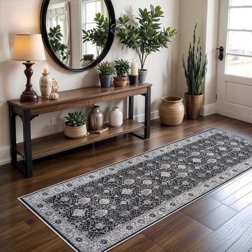 Hallway Washable Runner Rug - Vintage Non-Slip Soft Floor Mat for Kitchen & Entryway | 2x6 Black