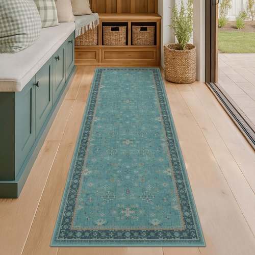 Boho Non-Slip Kitchen Runner Rug - Machine Washable Vintage Carpet in Floral Aqua Blue (2x8 ft)