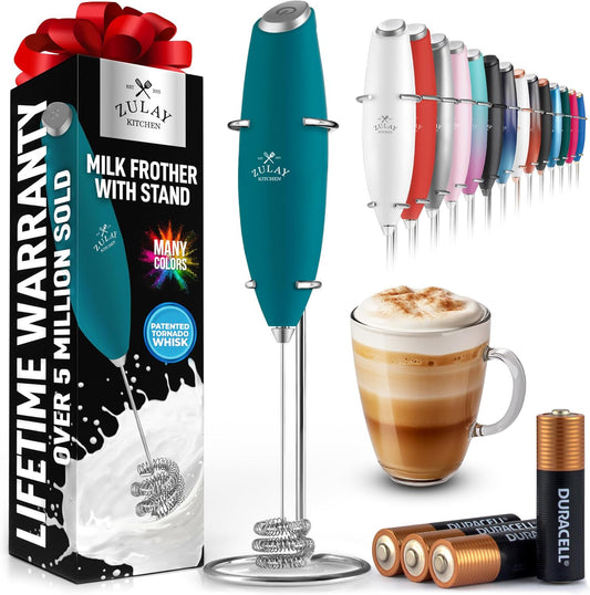 Zulay Kitchen Tornado Triple Whisk Milk Frother - Handheld Foam Maker for Coffee & Lattes | Vivid Emerald, Includes 4 Duracell Batteries