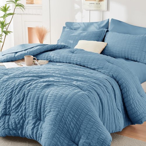 HYMOKEGE California King Comforter Set - Luxurious 7-Piece All-Season Bedding in Mineral Blue