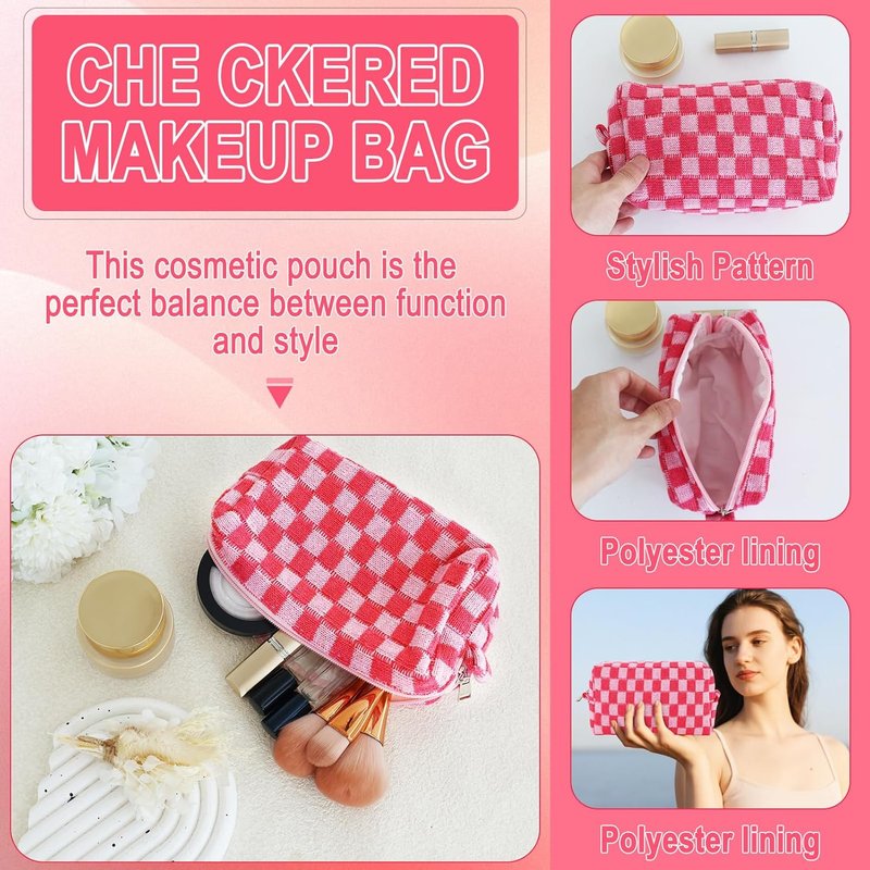 Checkered Pencil Case Set - Cute 6-Piece Pouch for Teens | Pink Medium Makeup & Travel Organizer
