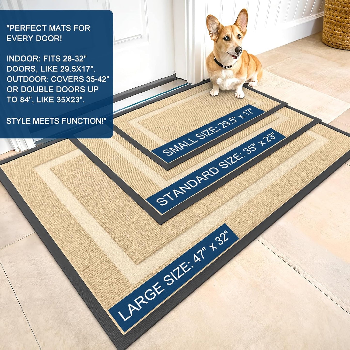 OLANLY Front Door Mat - Waterproof All-Season Doormat | Sturdy Natural Rubber, Easy Clean, 71x23, Beige