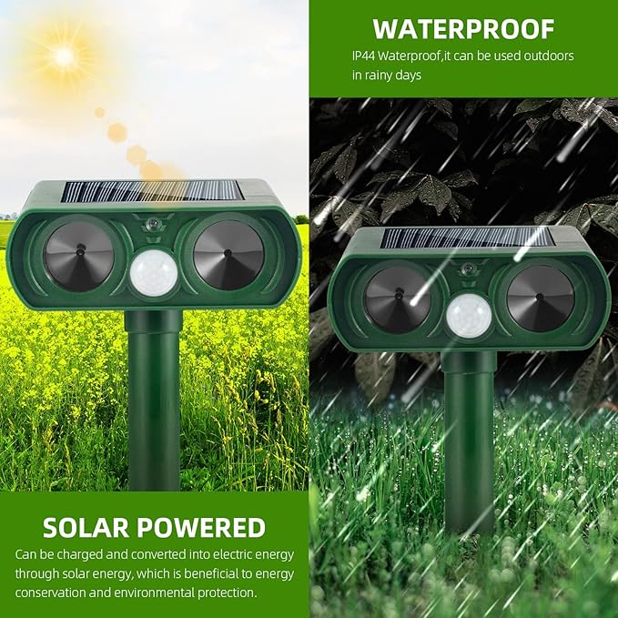 2 Pcs Upgraded Solar Animal Repellent Ultrasonic Outdoor for Cats Squirrels Racoons Rabbits Foxs Dogs Skunks Deer Repellent Devices Waterproof Motion Sensor Animal Repeller Deterrent for Yard Garden