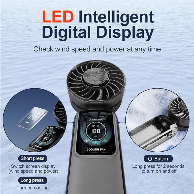 GZEduld Portable Handheld Fan with Stand & Lanyard, 5000mAh USB-C Rechargeable Battery, 12H/5-Speed LED Display Mini Fan for Travel Beach Cruise Concerts Outdoor Events(Black)