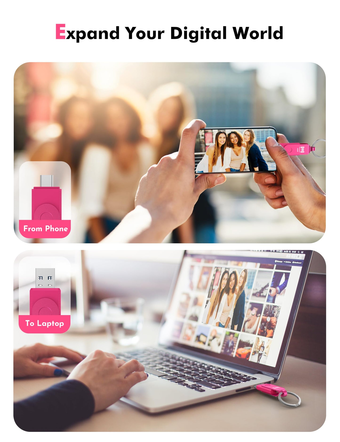 MOSDART 256GB USB 3.2 Fast Speed C and A Dual Flash Drive, exFAT Memory Stick with Keychain and LED Indicator, for iPhone 15,16,17, Android Phone, iPad, MacBook, and Other Laptops, Hot Pink