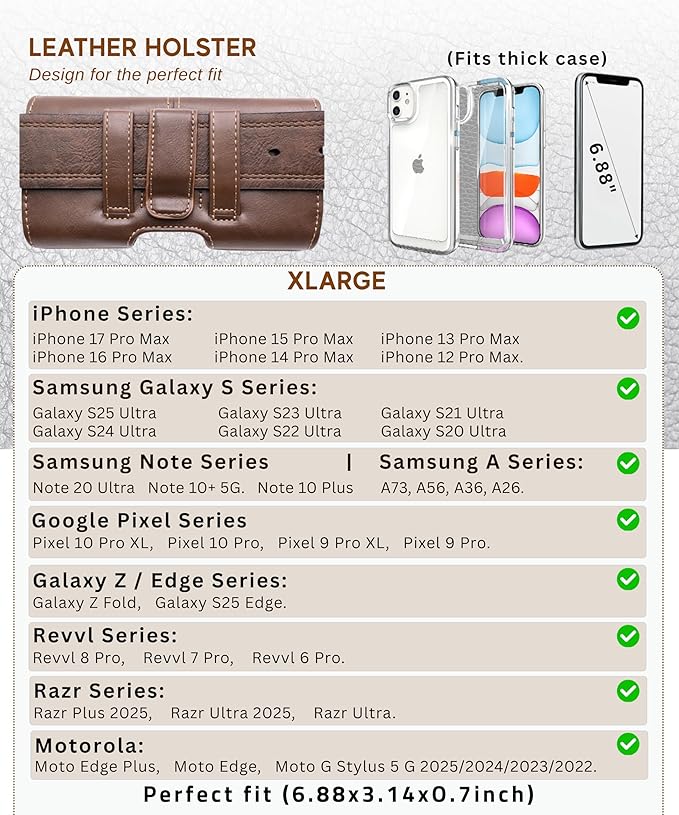Wireless City X-Large Phone Holster for Men & Women, Horizontal Belt Clip & Loop Cell Phone Pouch, Magnetic Closure Phone Belt Holder Fits iPhone 17/16/15/14/13/12 Pro Max & Large Smartphones (Brown)