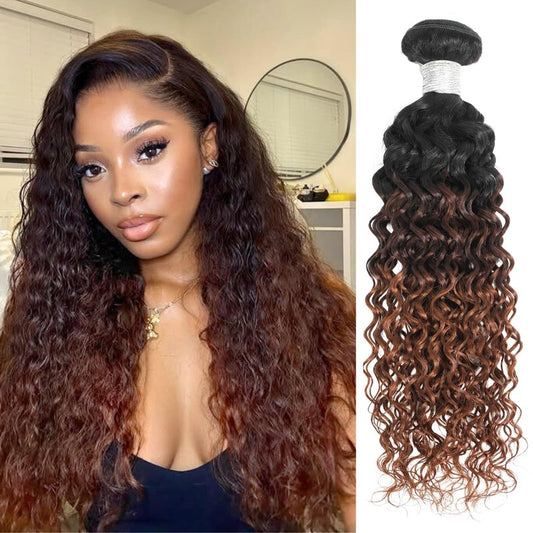 ALHER 12A Ombre Human Hair Bundles Water Wave, Soft Thick Chestnut Brown Ombre Single Curly Bundle Wet and Wavy 100% Virgin Remy Human Hair for Black Women #T1B/2/30 Dark Roots Auburn Sew In 12 Inch