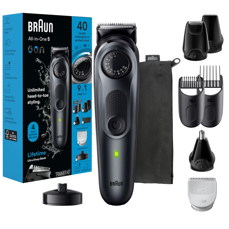 Braun All-in-One Men's Shaving Kit Series 5 5490, 9-in-1 Beard, Face, Nose, Ear Trimmer, Hair Clippers, Body Groomer and Manscaping