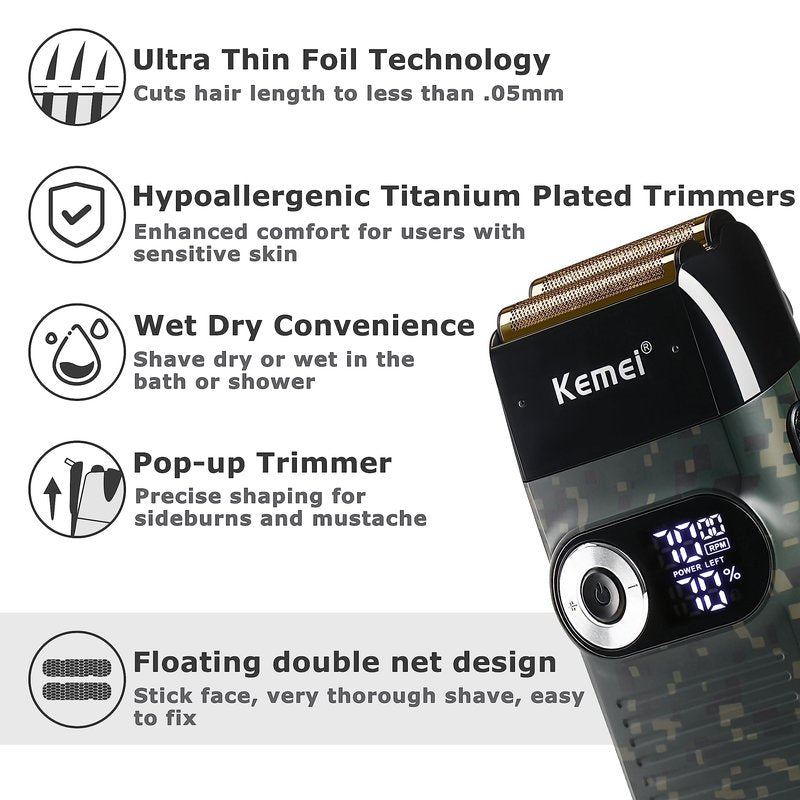 Kemei Foil Professional Electric Shaver for Men Razor with Bald Trimmer Cordless Shavers Rechargeble LED Display 2 in 1