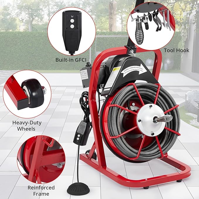 75 ft 1/2 in Electric Drain Cleaner Machine Auto Feed Drain Auger for 1 to 4 in Pipes Professional Sewer Snake with 4 Cutters Gloves Heavy Duty Clog Remover