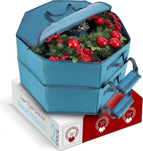 Hearth & Harbor Christmas Storage Organizer Box - Premium Hard Shell Wreath Bag with Dual Zipper & Pockets - 36" Blue
