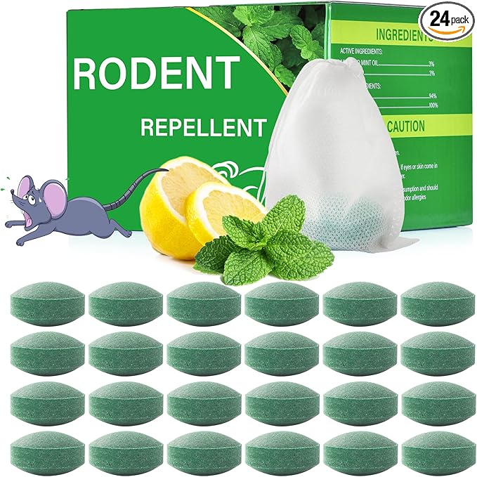 Mouse Rodent Repellent, 24 Pack Peppermint Oil for Mice, Mouse, Rats, Squirrel, Pest Control Indoor & Outdoor Use, Natural Deterrent Replace Trap Poisoning Family & Pet Safe Green