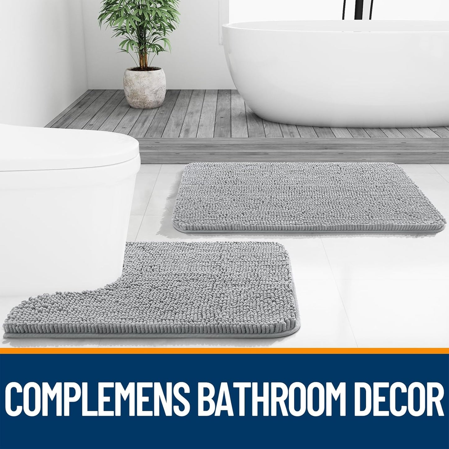 OLANLY U-Shaped Toilet Rugs - Extra Soft Chenille, Quick-Dry, Non-Slip Bath Mat | 24x20, Light Grey