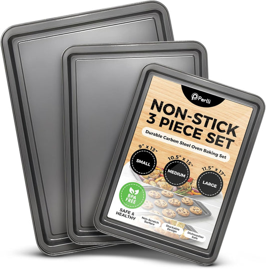 PERLLI Non-Stick Baking Pan Set | 3-Piece Carbon Steel with Even Heat Distribution, Oven Safe to 446°F, BPA-Free, Gray