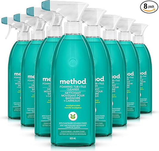 Method Foaming Tub + Tile Cleaner, Cleans Mold + Mildew Stains, Eucalyptus Mint Scent, 28 Fl Oz (Pack of 8)